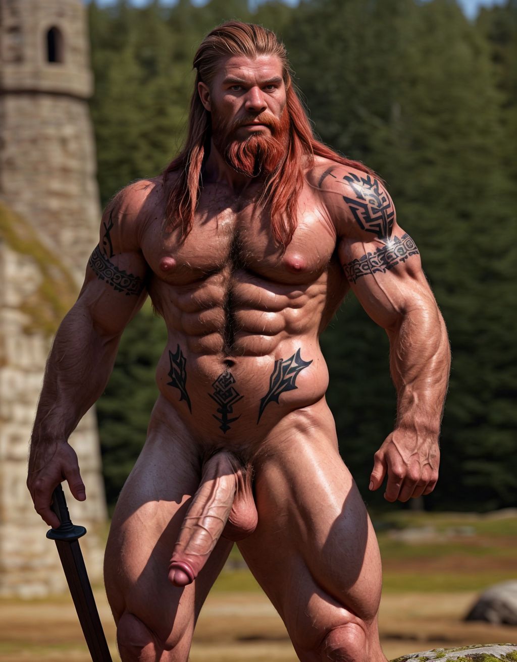 Guerrero nórdico de 20 años desnudo, de facciones hermosas, musculoso, cuerpo muy velludo, mostrando orgulloso su pene, tatuajes vikingos, barba larga, cabello rojizo, fondo de batalla medieval, armadura rota, mirada desafiante, piel sudorosa, anatomía detallada.