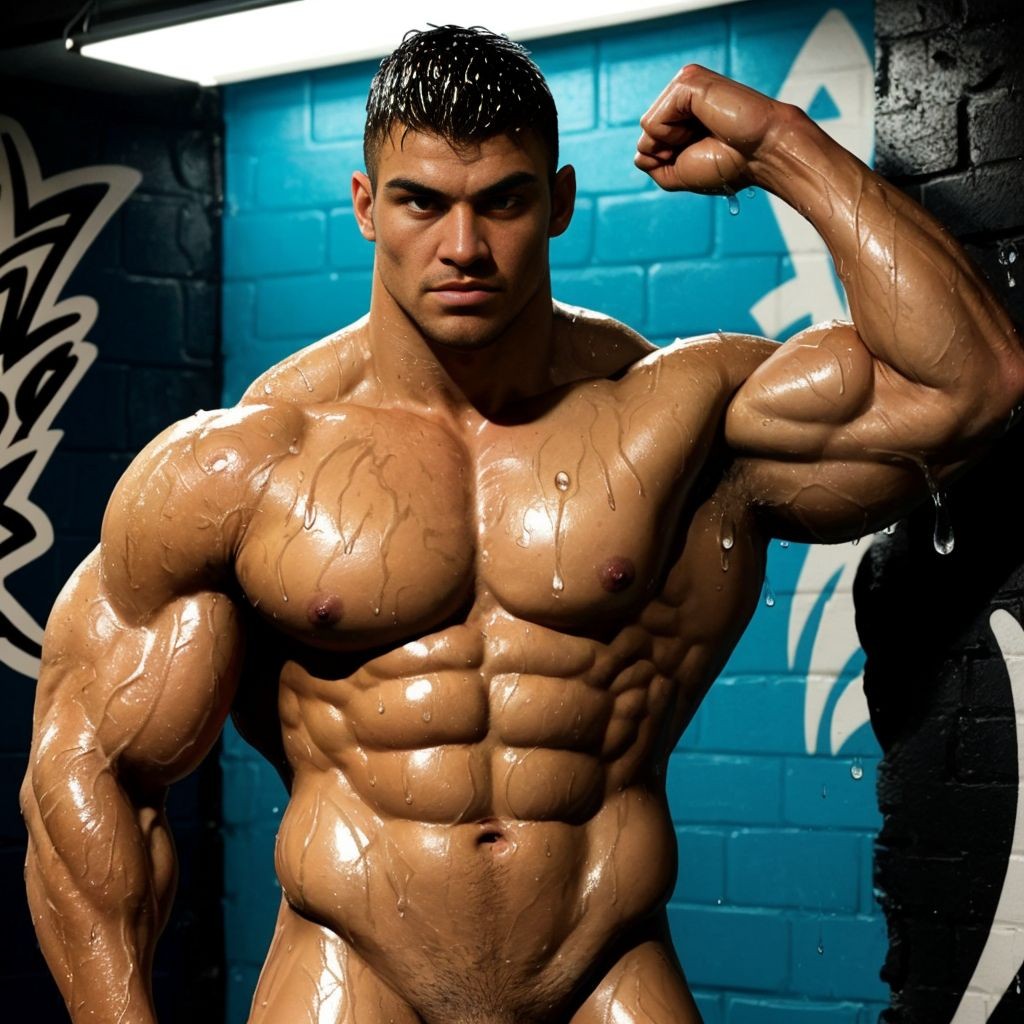 Hombre musculoso de 28 años, cuerpo desnudo, gotas de agua resbalando por su piel brillante, parado en una mazmorra oscura, expresión serena y cansada, estilo pop art y graffiti, texturas húmedas, fondo desenfocado, enfoque en su físico atlético y poderoso, destacando su condición de jugador de fútbol.