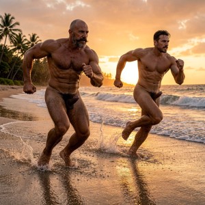 Hyper-realistic cinematic full-body photograph taken from a low dramatic tracking angle on the wet Hawaiian beach at golden hour, capturing both men in full sprint with perfect anatomy, zero deformations and obsessive photorealistic detail in 8K.

Mike Morris corre con mucha fuerza y velocidad varios metros por delante, liderando la persecución con potencia brutal. Su cuerpo compacto y musculoso old-school (32 años, 1,78 m, 95 kg) está congelado en pleno sprint explosivo: piernas poderosas bombeando con cuádriceps y gemelos de acero, brazos moviéndose con fuerza salvaje, torso inclinado ligeramente hacia adelante. Su frente amplia con calvicie Norwood III-IV brilla por el agua, el bigote handlebar grueso y mojado se ve tenso, y su expresión es de pura determinación animal. El denso vello castaño oscuro cubre por completo su pecho masivo, abdomen, pubis espeso, brazos, muslos y pantorrillas; su polla gruesa de 24 cm se balancea pesadamente entre las piernas mientras corre, salpicando agua con cada zancada.

Tom Selleck, unos metros más atrás, corre a gran velocidad intentando alcanzarlo pero no puede. Su cuerpo alto y estilizado (1,93 m, 80 kg, 8% grasa) muestra cada músculo en tensión: piernas largas devorando terreno, brazos bombeando con furia, mandíbula cuadrada apretada y bigote chevron mojado. Su vello castaño oscuro extremadamente denso cubre pecho, hombros, abdomen, brazos, muslos y pies. Su polla gruesa cuelga y se balancea con fuerza mientras corre. Su expresión es de frustración contenida y determinación, los ojos fijos en la espalda de Mike, pero la distancia no se reduce.

Ambos corren entre las olas rompiendo en la orilla, agua salada salpicando alto alrededor de sus cuerpos peludos, arena mojada volando con cada pisada. La luz dorada del atardecer ilumina cada gota en el aire, cada hilo de vello mojado pegado a la piel bronceada, cada contracción muscular y cada detalle anatómico. Fondo de palmeras y cielo naranja intenso. Iluminación cinematográfica perfecta, anatomía impecable en ambos, movimiento dinámico congelado con máxima claridad, pollas completamente visibles, vello corporal contrastado y pies totalmente detallados, cero distorsiones.