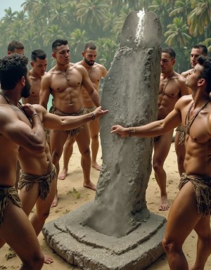 Ritual tribal. Los indios bisesuakos adoran al gran falo de piedra, ídolo del dios de la virilidad. El ídolo ha cumplido el milagro de manar semen, indicando que será un año fértil.