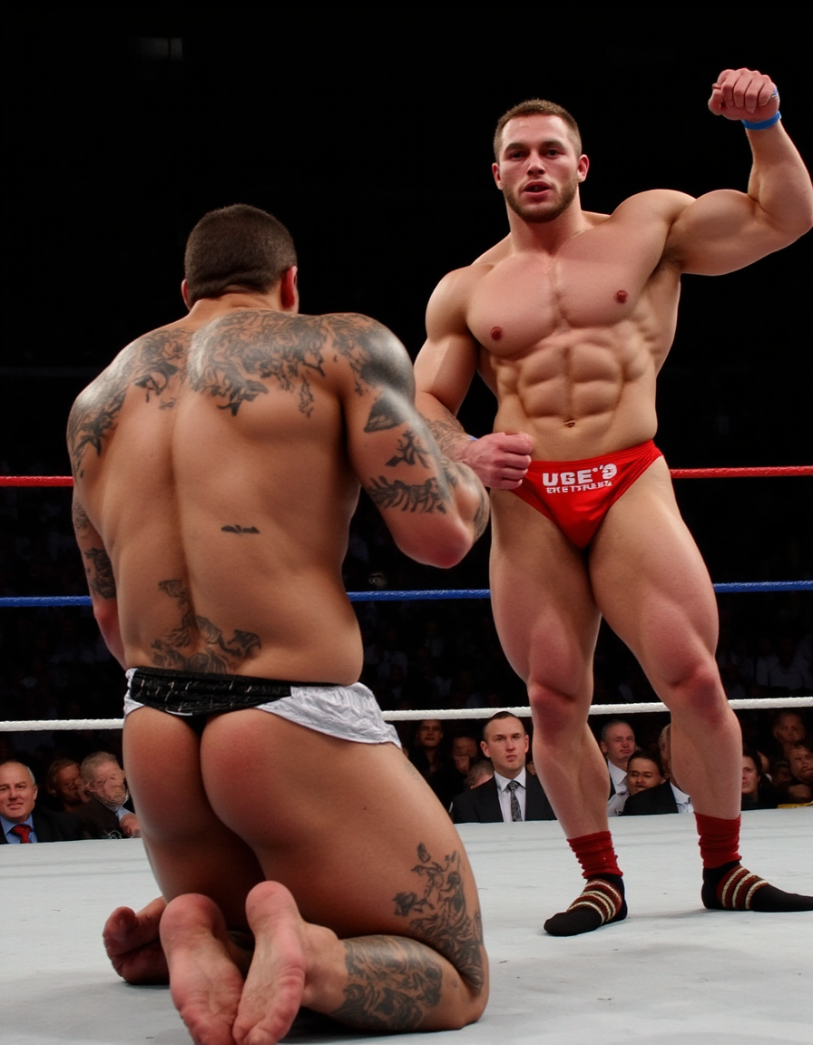 Dos boxeadores muy musculosos y con varios tatuajes grandes están en el ring, de cuerpo entero y totalmente desnudos ,  los dos boxeadores  muestran magulladuras en la cara y labio partido, uno de ellos ha quedado derrotado sentado en el suelo y apoyado en la barra del ring con aire de derrota, demacrado, el otro es el vencedor, levanta su puño en alto en señal de victoria y pretende quitarle el pantalón para humillarlo, el público desde las gradas aplaude