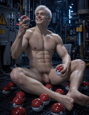 Un hombre joven desnudo, musculoso y de pelo rubio corto, está sentado con las piernas abiertas sobre un suelo metálico industrial, rodeado de varias Poké Balls rojas y blancas. Sonríe mientras sostiene una de ellas en alto con una mano y otra apoyada cerca de su muslo, en una escena de estética gamer y ciencia ficción dentro de una sala oscura llena de maquinaria, tuberías, cables, paneles eléctricos y luces azuladas. Su torso marcado, abdominales definidos, brazos fuertes y piel brillante destacan bajo la iluminación fría, y su pene queda visible entre las piernas, reforzando el carácter explícito de la composición.