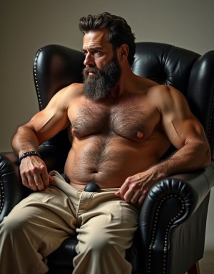Un hombre corpulento y musculoso aparece sentado en un sillón orejero de cuero negro con tachuelas metálicas, sin camiseta y con el torso velludo al descubierto. Tiene una barba espesa y canosa, pelo oscuro peinado hacia atrás y una expresión seria, mirando hacia un lado con gesto pensativo. Sus brazos fuertes descansan sobre los reposabrazos mientras lleva unos pantalones beige abiertos o parcialmente desabrochados en la cintura, donde destaca un pequeño objeto oscuro similar a un micrófono o accesorio colocado sobre la ropa. La iluminación suave resalta la textura de la piel, el vello del pecho, los hombros y el brillo del cuero, creando un retrato masculino de estudio con aire íntimo, sobrio y dominante.