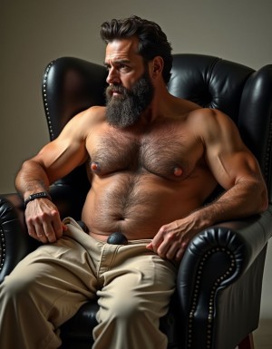Un hombre maduro de unos 45 años, con una expresión seria y severa, sentado en una silla de cuero negro con patas de madera oscura, con la espalda recta y los hombros hacia atrás, mostrando una postura confiada y masculina. Su cuerpo está cubierto de vello grueso y oscuro, especialmente en el pecho y los brazos, y su piel tiene un tono moreno y saludable. Lleva un pantalón de lino beige desabrochado, que deja al descubierto su entrepierna, donde se aprecia un pene grueso y bien definido, aunque no está erecto, y unos testículos grandes y prominentes, cubiertos de vello. Su rostro es fuerte y varonil, con una barba espesa y oscura que enmarca su mandíbula cuadrada, y sus ojos marrones oscuros parecen estar perdidos en la distancia, con una mirada intensa y seria. La iluminación es suave y cálida, con sombras profundas que resaltan los contornos de su cuerpo y realzan su masculinidad. El estilo es hiperrealista, con detalles precisos y texturas realistas, y el fondo es un color neutro que no distrae la atención del sujeto principal.