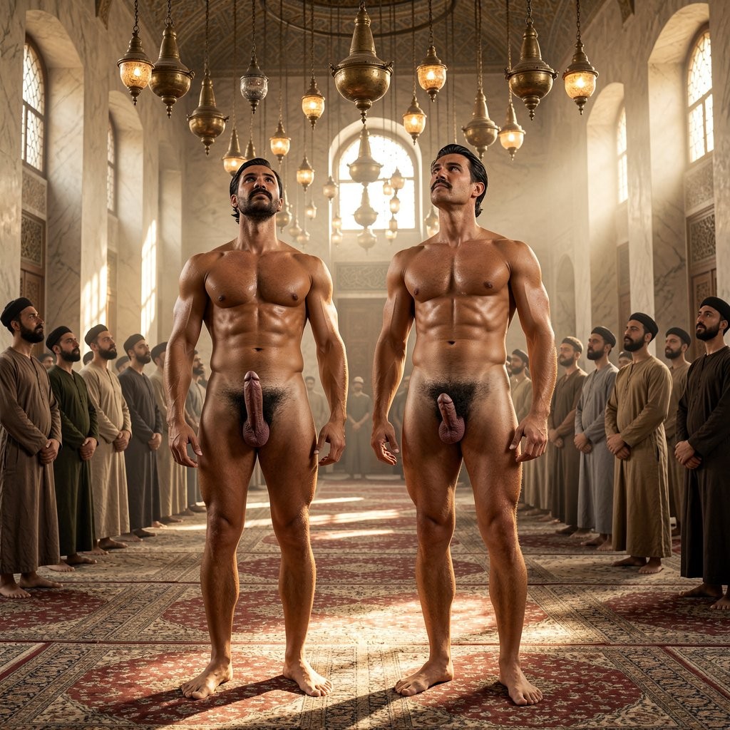 Two naked, muscular men stand in the center of a large Islamic-style prayer hall, with defined torsos, marked abs, and visible penises, looking upward with solemn expressions. On both sides, several men dressed in robes and turbans are lined up, silently observing inside a spacious area decorated with red carpets, tall arches, bright windows, and numerous hanging lamps of golden metal. Warm light enters in beams from the sides, creating a ceremonial, symmetrical, and reverent atmosphere, with a strong contrast between the central nudity and the traditional religious setting.