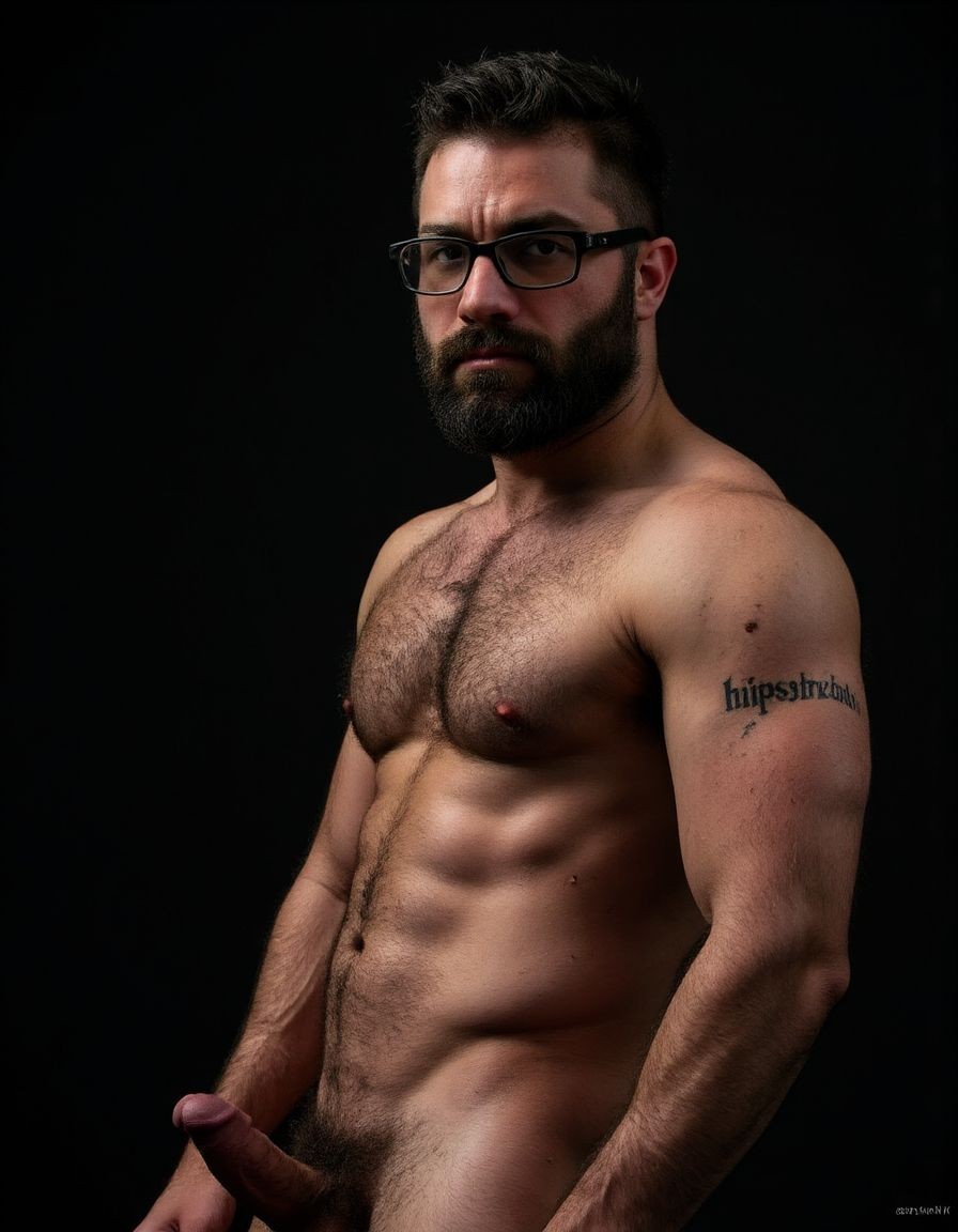 Fotografía hiperrealista de un hombre adulto musculoso a la vista desde las rodillas para arriba hasta la cabeza, rostro masculino idéntico a la imagen de referencia totalmente desnudo con polla erecta de treinta centímetros de longitud y ocho centímetros de diámetro, tiene rasgos marcados duros expresivos, barba densa poblada tupida oscura estilo hipster cubriendo completamente mandíbula mentón mejillas con grosor uniforme textura abundante muy definida, bigote denso tupido oscuro conectado perfectamente con la barba completa cubriendo completamente el labio superior, pelo oscuro medio peinado completamente recto hacia arriba con volumen considerable estilo hipster moderno quiff puntas verticales texturizadas hacia el cielo con altura prominente, cejas gruesas oscuras pobladas muy marcadas definidas, gafas de montura completa negra cuadradas grandes estilo hipster moderno sobre el puente de la nariz enmarcando unos ojos oscuros intensos que miran directamente a cámara con expresión seria penetrante confiada, expresión facial seria masculina sin sonrisa con mirada directa desafiante, pómulos marcados definidos angulares, nariz recta proporcionada, labios medios apenas visibles completamente cubiertos por bigote denso que conecta con la barba hipster completa, torso desnudo muy musculoso con pectorales enormes desarrollados y definidos y velludos peludos, hombros anchos musculosos deltoide prominentes, brazos musculosos con bíceps y tríceps marcados visibles a ambos lados del cuerpo, abdomen tonificado marcado visible desde la cintura, piel con textura realista detallada poros imperfecciones sutiles, vello corporal denso oscuro abundante cubriendo pectorales abdomen brazos hombros con textura natural masculina muy visible, tatuaje en tinta negra en el bíceps del brazo derecho con la palabra exacta a la vista: 