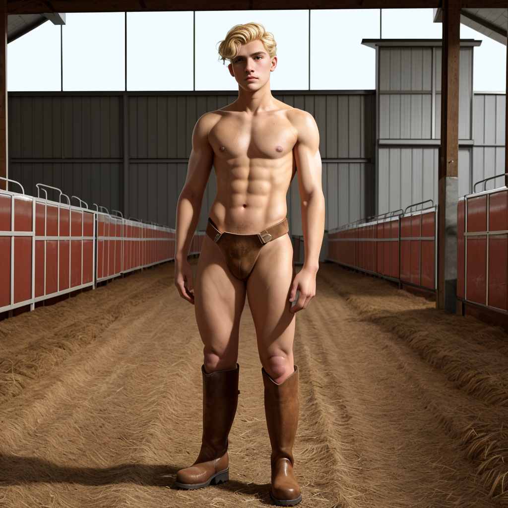A blond man with a muscular body poses standing in the central aisle of a stable, looking forward with a serious and confident expression. He is shirtless, showing defined abs, a sculpted chest, and strong arms, combined with a minimal brown leather garment fitted at the waist and tall cowboy-style boots. The rural setting consists of stalls or pens lined up on both sides, reddish metal railings, a straw-covered floor, and a spacious interior structure with gray beams and panels. The natural lighting highlights his athletic figure and creates an aesthetic of farm, men’s fashion, cowboy, and rural fantasy.