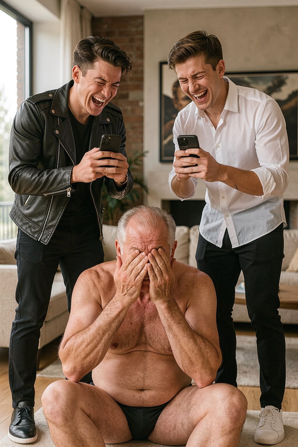 An older man, sitting in a chair bare-chested and wearing only black underwear, covers his face with both hands in a gesture of shame or discomfort while two young men standing around him laugh out loud while looking at their mobile phones. The young man on the left wears a black leather jacket, dark pants and sneakers, and the one on the right wears a white shirt, black pants and white sneakers. The scene takes place in a bright, modern living room, with a sofa, curtains, a brick wall and a domestic atmosphere that reinforces the tone of prank, mockery and smartphone recording.