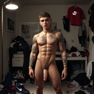 21-year-old scally guy, penis visible, wearing Nike sneakers, naked body, visible tattoos, messy hair, cheeky gaze, background of a cluttered room, clothes scattered, dim lighting, relaxed atmosphere, bronzed skin, defined muscles.