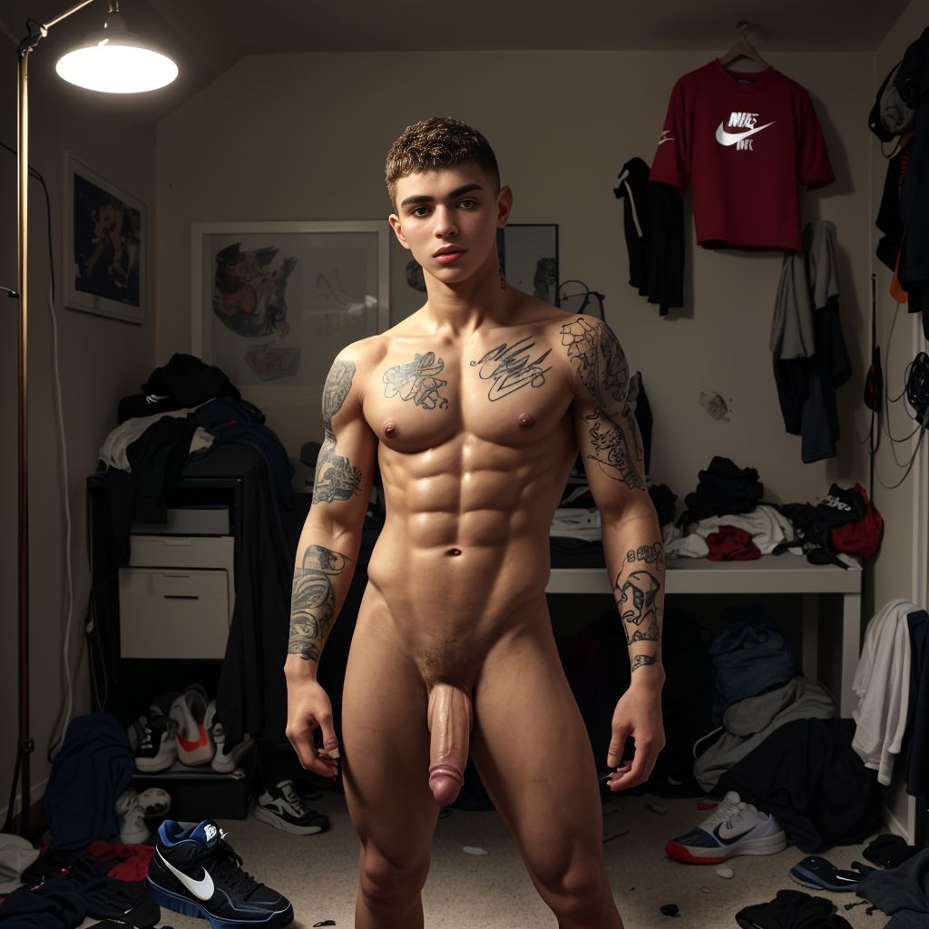 21-year-old scally guy, penis visible, wearing Nike sneakers, naked body, visible tattoos, messy hair, cheeky gaze, background of a cluttered room, clothes scattered, dim lighting, relaxed atmosphere, bronzed skin, defined muscles.
