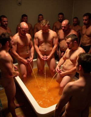 Seis hombres muy musculosos vestidos  de látex  y con un pene enorme  (((se orinan sobre sus propios cuerpos (((metidos en una bañera)))))) en la fiesta Pig de Berlín. ((( La orina presenta un color anaranjado))).  Hay personas alrededor mirando la escena