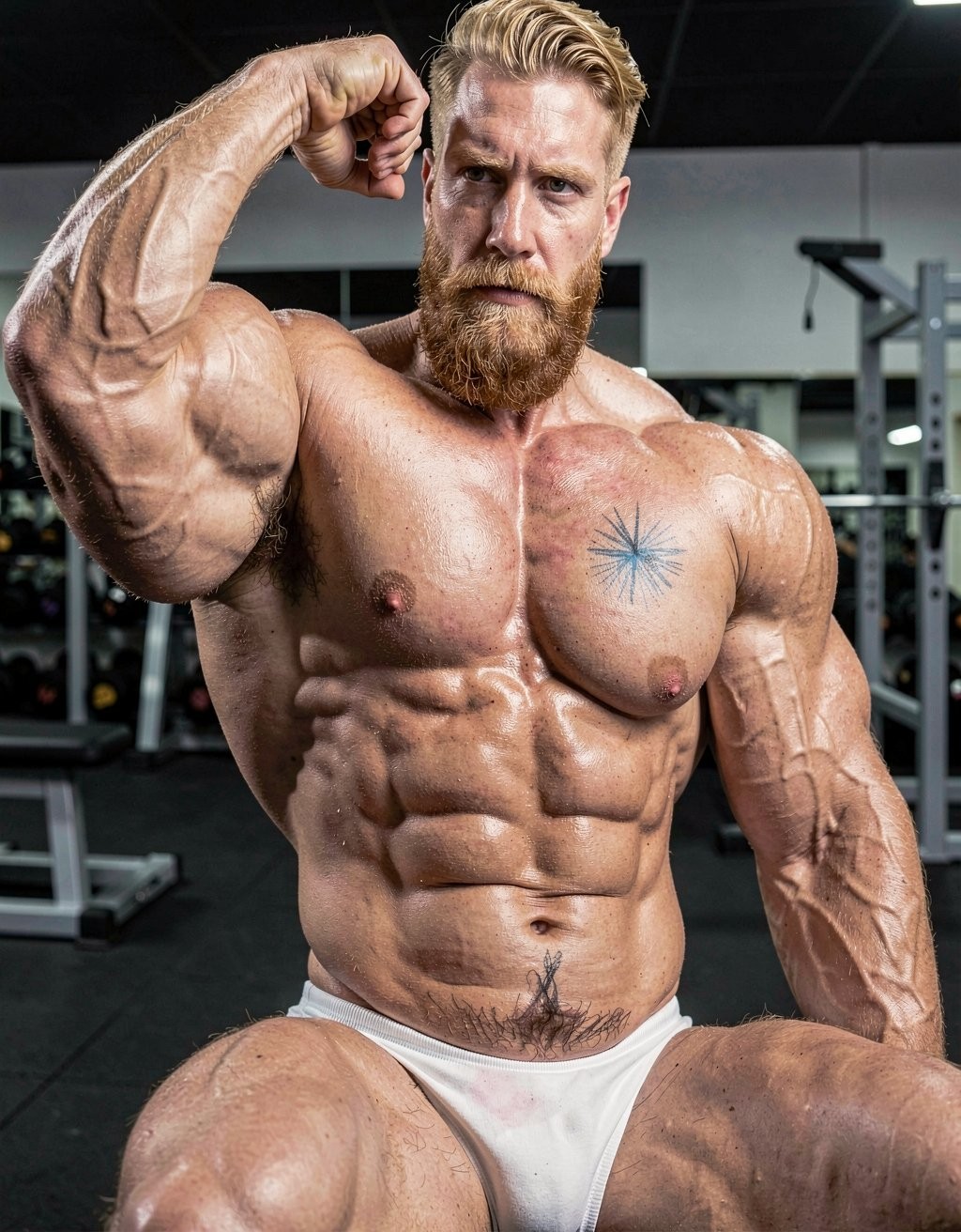 A very muscular bodybuilder poses seated in a gym, flexing his left biceps beside his head and staring fixedly at the camera with a serious, intense expression. He has a bare torso, skin shiny with sweat or oil, highly defined abs, bulky pectorals, huge shoulders, and prominent veins in his arms, forearms, and thighs. He has a thick red beard, blond hair combed back, and tight white briefs. Several tattoos stand out, including a star-like design on his chest and another below his abdomen, with workout machines and weights blurred in the background.
