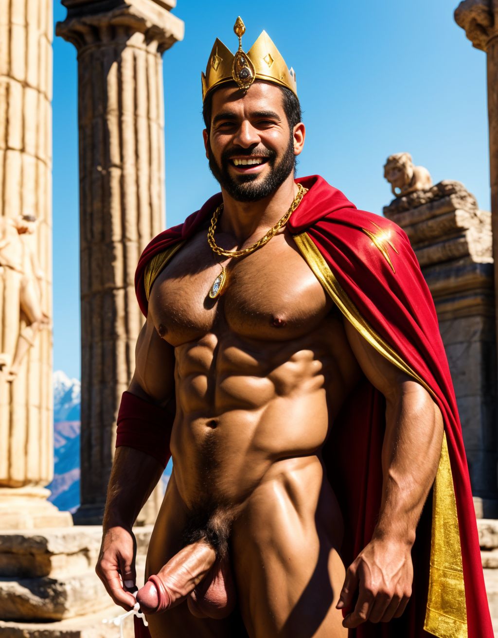 Hombre griego desnudo, pene erecto eyaculando, testículos peludos, corona de oro con diamantes, cadena de oro, capa roja, sonriendo con placer, en un antiguo poblado con columnas y estatuas, iluminado por el sol de tarde, piel bronceada, músculos definidos, ojos brillantes, gotas de semen en pecho y abdomen, montañas y valles al fondo.