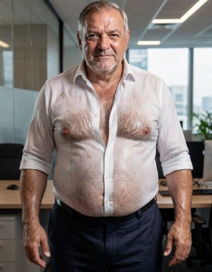 Hombre mayor de pie en una oficina moderna, mirando de frente con expresión seria y segura, vestido con una camisa blanca empapada y parcialmente abierta que se pega al torso y deja ver el pecho con vello, los pezones y parte del abdomen. Lleva pantalón oscuro y mantiene los brazos relajados a los lados, con las manos también húmedas o brillantes. El entorno incluye mesas de trabajo, sillas, mamparas de cristal, grandes ventanales con luz natural y plantas al fondo, creando un contraste entre el aspecto desaliñado y mojado de la ropa y el ambiente corporativo limpio y profesional.