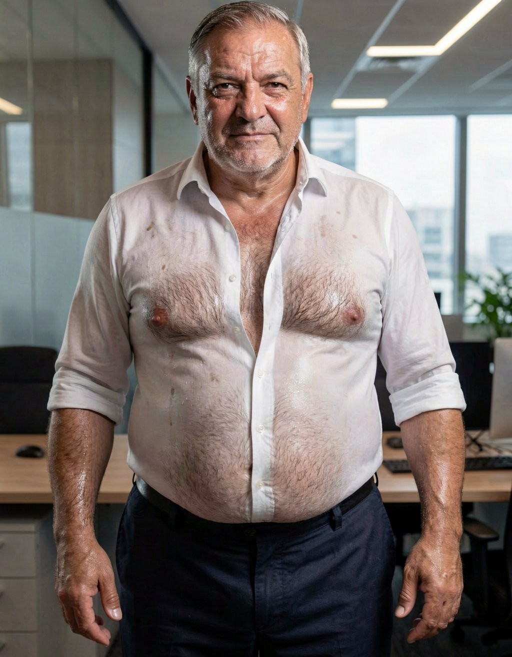 Hombre mayor de pie en una oficina moderna, mirando de frente con expresión seria y segura, vestido con una camisa blanca empapada y parcialmente abierta que se pega al torso y deja ver el pecho con vello, los pezones y parte del abdomen. Lleva pantalón oscuro y mantiene los brazos relajados a los lados, con las manos también húmedas o brillantes. El entorno incluye mesas de trabajo, sillas, mamparas de cristal, grandes ventanales con luz natural y plantas al fondo, creando un contraste entre el aspecto desaliñado y mojado de la ropa y el ambiente corporativo limpio y profesional.