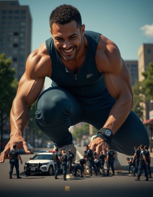 Hiper-realista render, hombre gigante musculoso de 22 años, físico imponente y atlético, vestido con chandal deportivo ajustado y zapatillas Nike de alta calidad, sonriendo con confianza y satisfacción, aplastando a un grupo de hombres diminutos que miden 1cm, policías uniformados con rostros de miedo y desesperación, con sus vehículos y equipo de policía también miniaturizados, en un entorno urbano con edificios y coches a escala normal, iluminación dramática y sombras profundas, texturas detalladas y realistas, foco en la escena de aplastamiento con los policías diminutos intentando escapar, expresiones faciales detalladas y emotivas, ambiente de poder y dominación, renderizado de alta calidad con luces y sombras realistas.
