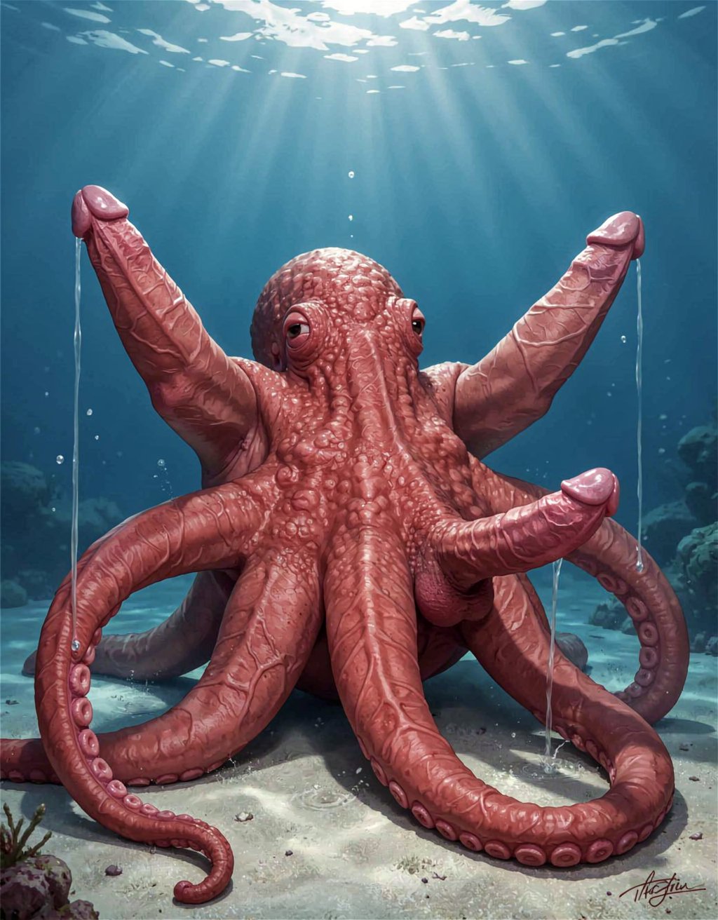 Un pulpo con un cuerpo bulboso y rojo,  tiene varios penes erectos de diferentes tamaños y glande rosa que eyaculan  abundantemente, los penes  se unen a su cuerpo en lugar de sus tentáculos. Los penes eyaculan.  Cada pene es grueso y tiene una textura carnosa, con venas prominentes que recorren su longitud. Se encuentra en el fondo del mar. Todos sus tentáculos y penes eyaculan en el agua del mar. 