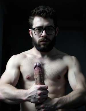 Fotografía hiperrealista en blanco y negro de un hombre adulto musculoso a la vista desde las rodillas para arriba hasta la cabeza, cuerpo muy delgado con musculación marcada y definida, rostro masculino, totalmente desnudo con polla erecta de treinta centímetros de longitud y ocho centímetros de diámetro, tiene rasgos marcados duros expresivos, barba densa poblada tupida oscura estilo hipster cubriendo completamente mandíbula mentón mejillas con grosor uniforme textura abundante muy definida, bigote denso tupido oscuro conectado perfectamente con la barba completa cubriendo completamente el labio superior, pelo oscuro medio peinado completamente recto hacia arriba con volumen considerable estilo hipster moderno quiff puntas verticales texturizadas hacia el cielo con altura prominente, cejas gruesas oscuras pobladas muy marcadas definidas, gafas de montura completa negra cuadradas grandes estilo hipster moderno sobre el puente de la nariz enmarcando unos ojos oscuros intensos que miran directamente a cámara con expresión seria penetrante confiada, expresión facial seria masculina sin sonrisa con mirada directa desafiante, pómulos marcados definidos angulares, nariz recta proporcionada, labios medios apenas visibles completamente cubiertos por bigote denso que conecta con la barba hipster completa, torso desnudo muy musculoso con pectorales enormes desarrollados y definidos, hombros anchos musculosos deltoide prominentes, brazos musculosos gruesos con bíceps y tríceps marcados visibles a ambos lados del cuerpo, abdomen tonificado marcado visible desde la cintura, piel con textura realista detallada poros imperfecciones sutiles, vello corporal denso oscuro abundante cubriendo pectorales abdomen brazos hombros con textura natural masculina muy visible, tatuaje en tinta negra en el bíceps del brazo derecho con la palabra exacta "hipsterbarba" en tipografía negra sans-serif clara legible tatuada sobre la piel del brazo de tamaño mediano visible proporcionado, iluminación dramática lateral direccional que crea contraste alto marcado entre luces brillantes y sombras profundas resaltando la estructura facial angular la barba hipster densa las gafas cuadradas grandes el vello corporal abundante la musculatura del torso los brazos y en el bíceps derecho tiene un tatuaje con la palabra a la vista: "hipsterbarba", fondo completamente oscuro negro liso uniforme desenfocado sin distracciones, fotografía analógica en blanco y negro de alto contraste con grano fotográfico sutil visible estilo retrato hipster masculino fitness, enfoque nítido absoluto perfecto en el rostro especialmente en los ojos detrás de las gafas la barba hipster densa el bigote tupido el pelo vertical el vello corporal el torso musculoso y el tatuaje en el brazo derecho con la palabra a la vista "hipsterbarba", encuadre vertical desde las rodillas cintura hacia arriba mostrando pene erecto de treinta centímetros de longitud completamente todo el torso superior los brazos musculosos y la cabeza, calidad fotográfica hiperrealista 8K máxima definición detalle extremo, renderizado cinematográfico fotorrealista profesional.