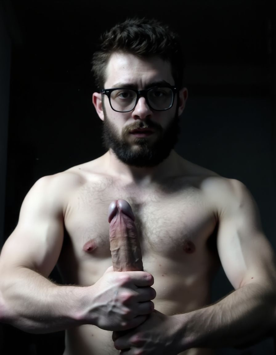 Fotografía hiperrealista en blanco y negro de un hombre adulto musculoso a la vista desde las rodillas para arriba hasta la cabeza, cuerpo muy delgado con musculación marcada y definida, rostro masculino, totalmente desnudo con polla erecta de treinta centímetros de longitud y ocho centímetros de diámetro, tiene rasgos marcados duros expresivos, barba densa poblada tupida oscura estilo hipster cubriendo completamente mandíbula mentón mejillas con grosor uniforme textura abundante muy definida, bigote denso tupido oscuro conectado perfectamente con la barba completa cubriendo completamente el labio superior, pelo oscuro medio peinado completamente recto hacia arriba con volumen considerable estilo hipster moderno quiff puntas verticales texturizadas hacia el cielo con altura prominente, cejas gruesas oscuras pobladas muy marcadas definidas, gafas de montura completa negra cuadradas grandes estilo hipster moderno sobre el puente de la nariz enmarcando unos ojos oscuros intensos que miran directamente a cámara con expresión seria penetrante confiada, expresión facial seria masculina sin sonrisa con mirada directa desafiante, pómulos marcados definidos angulares, nariz recta proporcionada, labios medios apenas visibles completamente cubiertos por bigote denso que conecta con la barba hipster completa, torso desnudo muy musculoso con pectorales enormes desarrollados y definidos, hombros anchos musculosos deltoide prominentes, brazos musculosos gruesos con bíceps y tríceps marcados visibles a ambos lados del cuerpo, abdomen tonificado marcado visible desde la cintura, piel con textura realista detallada poros imperfecciones sutiles, vello corporal denso oscuro abundante cubriendo pectorales abdomen brazos hombros con textura natural masculina muy visible, tatuaje en tinta negra en el bíceps del brazo derecho con la palabra exacta 