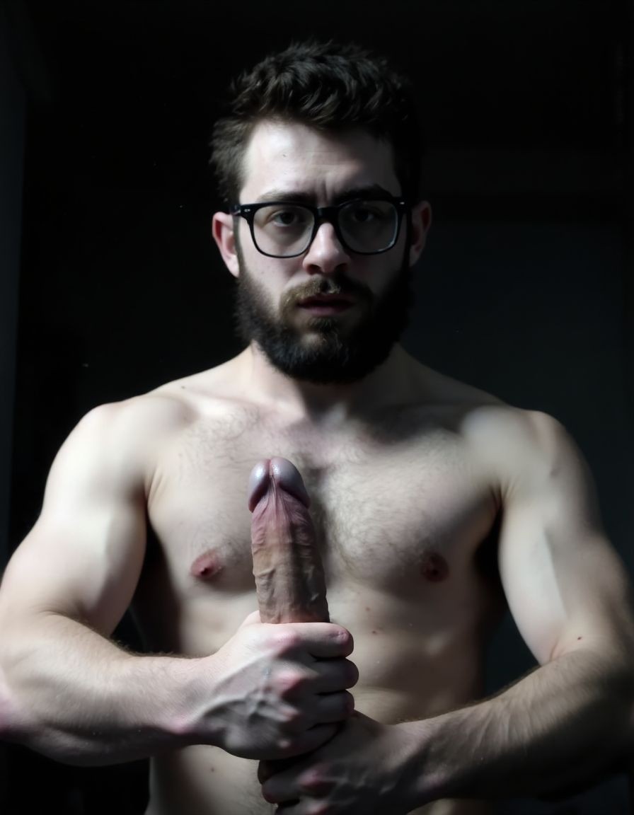 Fotografía hiperrealista en blanco y negro de un hombre adulto musculoso a la vista desde las rodillas para arriba hasta la cabeza, cuerpo muy delgado con musculación marcada y definida, rostro masculino, totalmente desnudo con polla erecta de treinta centímetros de longitud y ocho centímetros de diámetro, tiene rasgos marcados duros expresivos, barba densa poblada tupida oscura estilo hipster cubriendo completamente mandíbula mentón mejillas con grosor uniforme textura abundante muy definida, bigote denso tupido oscuro conectado perfectamente con la barba completa cubriendo completamente el labio superior, pelo oscuro medio peinado completamente recto hacia arriba con volumen considerable estilo hipster moderno quiff puntas verticales texturizadas hacia el cielo con altura prominente, cejas gruesas oscuras pobladas muy marcadas definidas, gafas de montura completa negra cuadradas grandes estilo hipster moderno sobre el puente de la nariz enmarcando unos ojos oscuros intensos que miran directamente a cámara con expresión seria penetrante confiada, expresión facial seria masculina sin sonrisa con mirada directa desafiante, pómulos marcados definidos angulares, nariz recta proporcionada, labios medios apenas visibles completamente cubiertos por bigote denso que conecta con la barba hipster completa, torso desnudo muy musculoso con pectorales enormes desarrollados y definidos, hombros anchos musculosos deltoide prominentes, brazos musculosos gruesos con bíceps y tríceps marcados visibles a ambos lados del cuerpo, abdomen tonificado marcado visible desde la cintura, piel con textura realista detallada poros imperfecciones sutiles, vello corporal denso oscuro abundante cubriendo pectorales abdomen brazos hombros con textura natural masculina muy visible, tatuaje en tinta negra en el bíceps del brazo derecho con la palabra exacta 