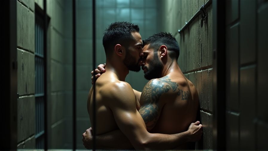 Dos hombres en una celda de prisión, iluminados por la tenue luz que se filtra entre los barrotes. Sus cuerpos se entrelazan intensamente. Uno de ellos, con tatuajes en la espalda, está de pie junto a la pared mientras el otro, con una barba incipiente, lo abraza por detrás. La atmósfera es cargada y primitiva, reflejando la pasión y el deseo que comparten en secreto detrás de las barreras de acero.