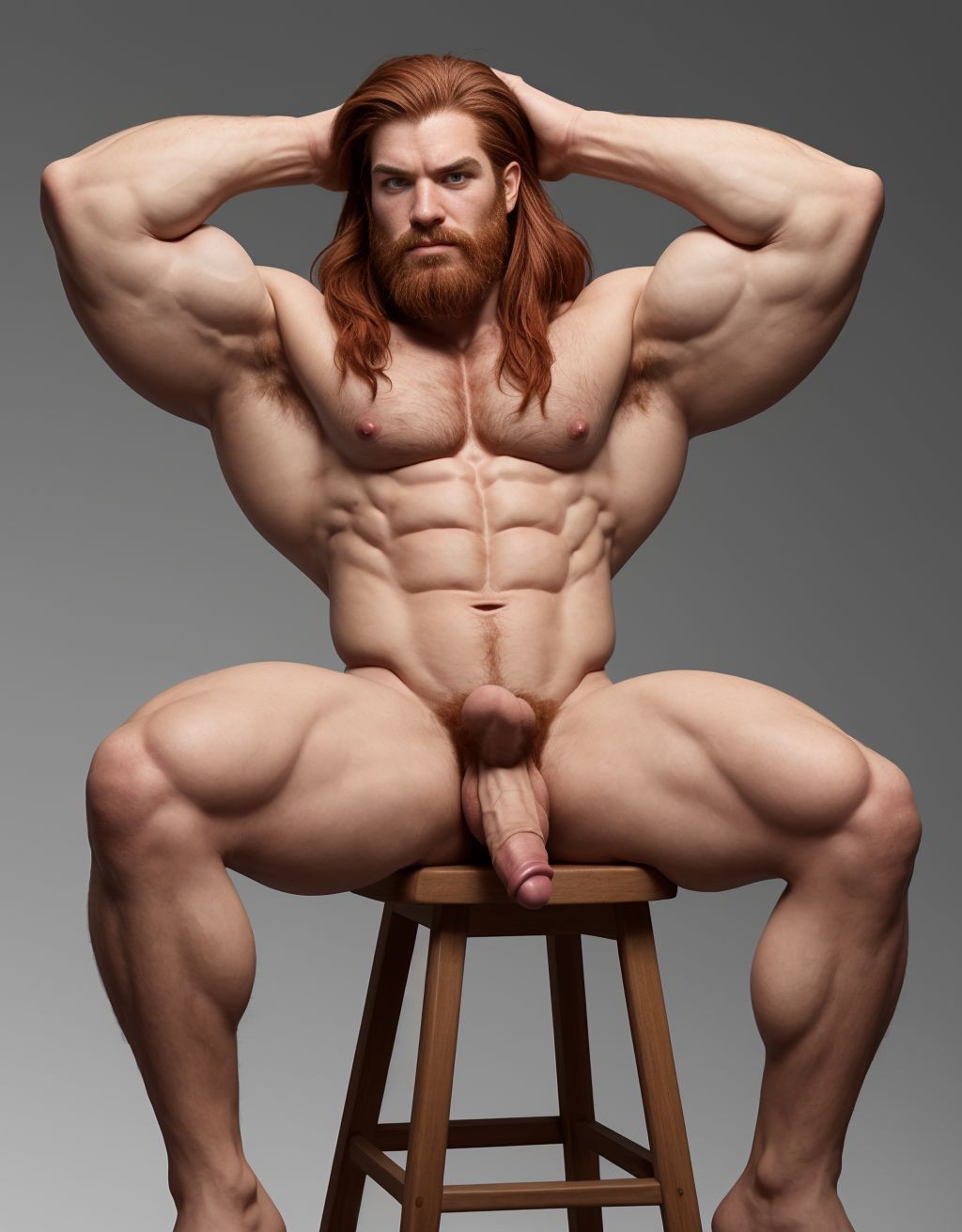 Hombre caucásico con piel clara y complexión atlética, cabello rojizo lacio y largo, barba incipiente, expresión de desprecio, vello corporal abundante y rojizo, de 1,9 metros de altura, sixpack visible, manos detrás de la cabeza, trapecios marcados, pene y testículos visibles. Sentado en un taburete de madera, fondo gris degradado, músculos desarrollados, hombros prominentes, deltoides marcados, fondo gris claro. Debe tener un solo pene