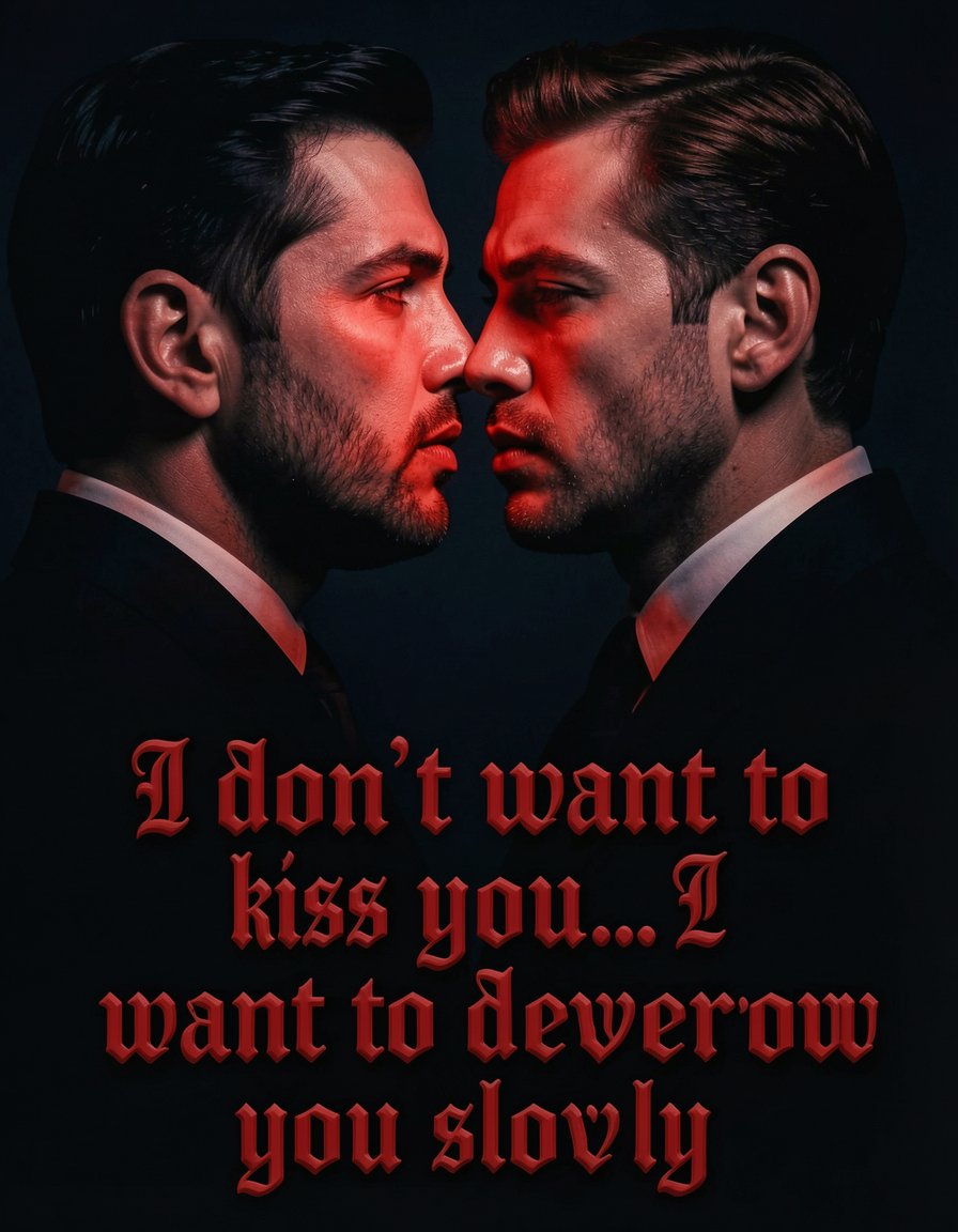 Two male figures, shrouded in mystery, stand intimately close, their lips almost touching, as if the anticipation of the kiss is palpable. The dramatic lighting casts deep shadows, accentuating the gothic romantic tension between them. The dark background, a canvas of midnight blues and blacks, serves as a stark contrast to the red highlights that dance across their faces, illuminating the yearning in their eyes. The cinematic quality of the scene is undeniable, with soft focus edges that blur the distinction between reality and fantasy. The atmosphere is sensual, yet restrained, teasing the viewer with the promise of a forbidden passion.

In the foreground, bold gothic typography overlays the scene, the words 