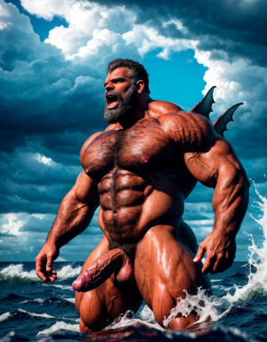 Neptuno es dios de los mares, las tempestades y los vientos. Es un dios malhumorado y violento. Está desnudo. Tiene un pene grande y largo y erecto. Tiene mucho vello. Está llamando a gritos a los monstruos del océano y aparecen sobre el agua del mar.