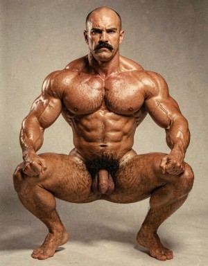 Mike Morris, the 32-year-old Caucasian bodybuilder with an athletic and extremely defined muscular physique, stands at full attention in a strict military pose, feet together, legs straight, back rigidly upright, shoulders back, chest thrust forward, arms at his sides with fists clenched, and head held high looking straight ahead with a serious, almost threatening expression. Full body shot from the tips of his toes to the top of his bald head. He is completely naked. His advanced Norwood III-IV male pattern baldness is clearly visible, with a shiny tanned scalp on top, short dark brown hair only on the sides and back. His square, angular face with strong jaw, prominent cheekbones, thick dark handlebar mustache, heavy brows, and intense deep-set brown eyes under slightly hooded lids stares forward with firm authority. His massive square pectorals are pushed out, dark brown chest hair forming a dense classic T-pattern down the sternum and spreading across his wide six-pack abs. Small dark nipples sit low on the pecs. A trail of dark hair leads to an extremely dense, thick, curly dark brown pubic bush that climbs almost to his navel. His heavy 14 cm flaccid cock hangs thick over large, low-hanging hairy testicles, the skin of the shaft noticeably lighter than his tanned body. Powerful veined forearms, developed traps flowing into delts, defined quads with visible separation, diamond-shaped calves, and hairy feet complete the figure. Warm directional studio lighting from above and slightly to the side creates sharp highlights on his oiled skin, deep shadows that accentuate every muscle fiber, the texture of his dense body hair, and the contrast between his tanned body and lighter genital area. Photorealistic, 1970s Colt Studio aesthetic, high contrast, masculine and commanding presence, grainy film texture.  ... Está agachado.