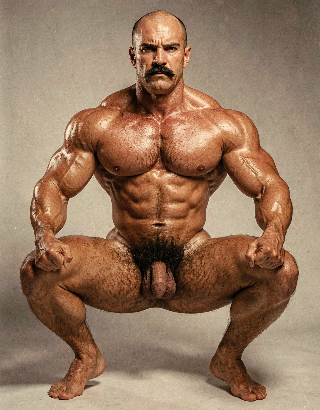Mike Morris, the 32-year-old Caucasian bodybuilder with an athletic and extremely defined muscular physique, stands at full attention in a strict military pose, feet together, legs straight, back rigidly upright, shoulders back, chest thrust forward, arms at his sides with fists clenched, and head held high looking straight ahead with a serious, almost threatening expression. Full body shot from the tips of his toes to the top of his bald head. He is completely naked. His advanced Norwood III-IV male pattern baldness is clearly visible, with a shiny tanned scalp on top, short dark brown hair only on the sides and back. His square, angular face with strong jaw, prominent cheekbones, thick dark handlebar mustache, heavy brows, and intense deep-set brown eyes under slightly hooded lids stares forward with firm authority. His massive square pectorals are pushed out, dark brown chest hair forming a dense classic T-pattern down the sternum and spreading across his wide six-pack abs. Small dark nipples sit low on the pecs. A trail of dark hair leads to an extremely dense, thick, curly dark brown pubic bush that climbs almost to his navel. His heavy 14 cm flaccid cock hangs thick over large, low-hanging hairy testicles, the skin of the shaft noticeably lighter than his tanned body. Powerful veined forearms, developed traps flowing into delts, defined quads with visible separation, diamond-shaped calves, and hairy feet complete the figure. Warm directional studio lighting from above and slightly to the side creates sharp highlights on his oiled skin, deep shadows that accentuate every muscle fiber, the texture of his dense body hair, and the contrast between his tanned body and lighter genital area. Photorealistic, 1970s Colt Studio aesthetic, high contrast, masculine and commanding presence, grainy film texture.  ... Está agachado.