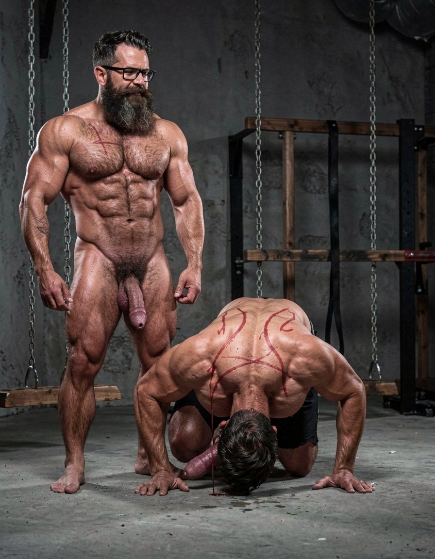 Hyperrealistic cinematic full-body photograph in a medium full American shot from a direct rear point of view, perfectly corrected anatomy with zero distortions or deformations. Dramatic side lighting inside the dark brutal dungeon gym, strong contrast, deep shadows and visible sweat on skin.

Hipsterbarba stands tall and dominant on the left side of the frame, 40 years old, 180cm, 80kg, 8% body fat, powerful muscle bear physique perfectly proportioned. Dense dark body hair covers your heavy pecs, shoulders, abs and thick thighs. Long thick Bandholz beard and curled handlebar mustache visible from the back of your head along with black glasses. Your hips are pressed forward, your thick veiny cock buried completely to the root inside Anil, only your heavy hairy balls visible and pressed tight against his stretched hole.

Anil is positioned on all fours like an obedient animal in the center, 25 years old, extreme bodybuilder slave, 175cm, 80kg, 6% body fat, completely smooth tanned skin from the neck down. Massive 127cm back in extreme V-taper covered in fresh red whip marks, round firm 90cm glutes pushed high and back, perfectly showing the deep penetration from straight behind: your thick cock stretching his pink asshole wide open with realistic detail. The tight metal cock ring squeezes the base of his swollen purple cock hanging down between his thick 70cm quads, dripping a long thick string of precum onto the concrete floor. His forehead is pressed against the cold floor, back arched deeply, body trembling slightly.

The concrete floor, hanging chains, wooden stocks and BDSM equipment are visible in the dark background. Extreme photorealistic detail, perfect anatomy and proportions on both bodies from this direct rear view, visible stretch and depth of penetration, sweat, red lash marks and raw intensity of total ownership.