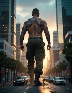 Un skinhead musculoso y tatuado de 50 metros de altura sin camiseta, botas militares negras, pantalones de camuflaje, cabeza rapada al cero, barba corta, complexión intimidante y corpulenta, pectorales enormes, brazos masivos con tatuajes tribales, mirando hacia abajo con expresión dominante y cruel, caminando por una ciudad moderna, rascacielos a la altura de sus rodillas, coches como juguetes diminutos bajo sus botas, personas microscópicas de 1 milímetro huyendo despavoridas por las calles, pisadas gigantes dejando huellas en el asfalto, perspectiva desde el suelo mirando hacia arriba mostrando su tamaño colosal, iluminación dramática de atardecer urbano, hiperrealista, fotografía cinematográfica de alta calidad
