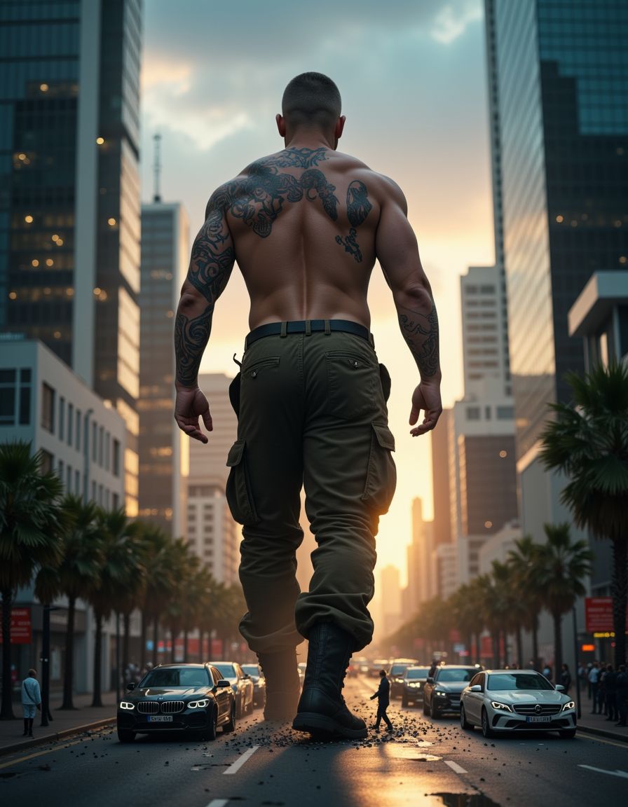 Un skinhead musculoso y tatuado de 50 metros de altura sin camiseta, botas militares negras, pantalones de camuflaje, cabeza rapada al cero, barba corta, complexión intimidante y corpulenta, pectorales enormes, brazos masivos con tatuajes tribales, mirando hacia abajo con expresión dominante y cruel, caminando por una ciudad moderna, rascacielos a la altura de sus rodillas, coches como juguetes diminutos bajo sus botas, personas microscópicas de 1 milímetro huyendo despavoridas por las calles, pisadas gigantes dejando huellas en el asfalto, perspectiva desde el suelo mirando hacia arriba mostrando su tamaño colosal, iluminación dramática de atardecer urbano, hiperrealista, fotografía cinematográfica de alta calidad