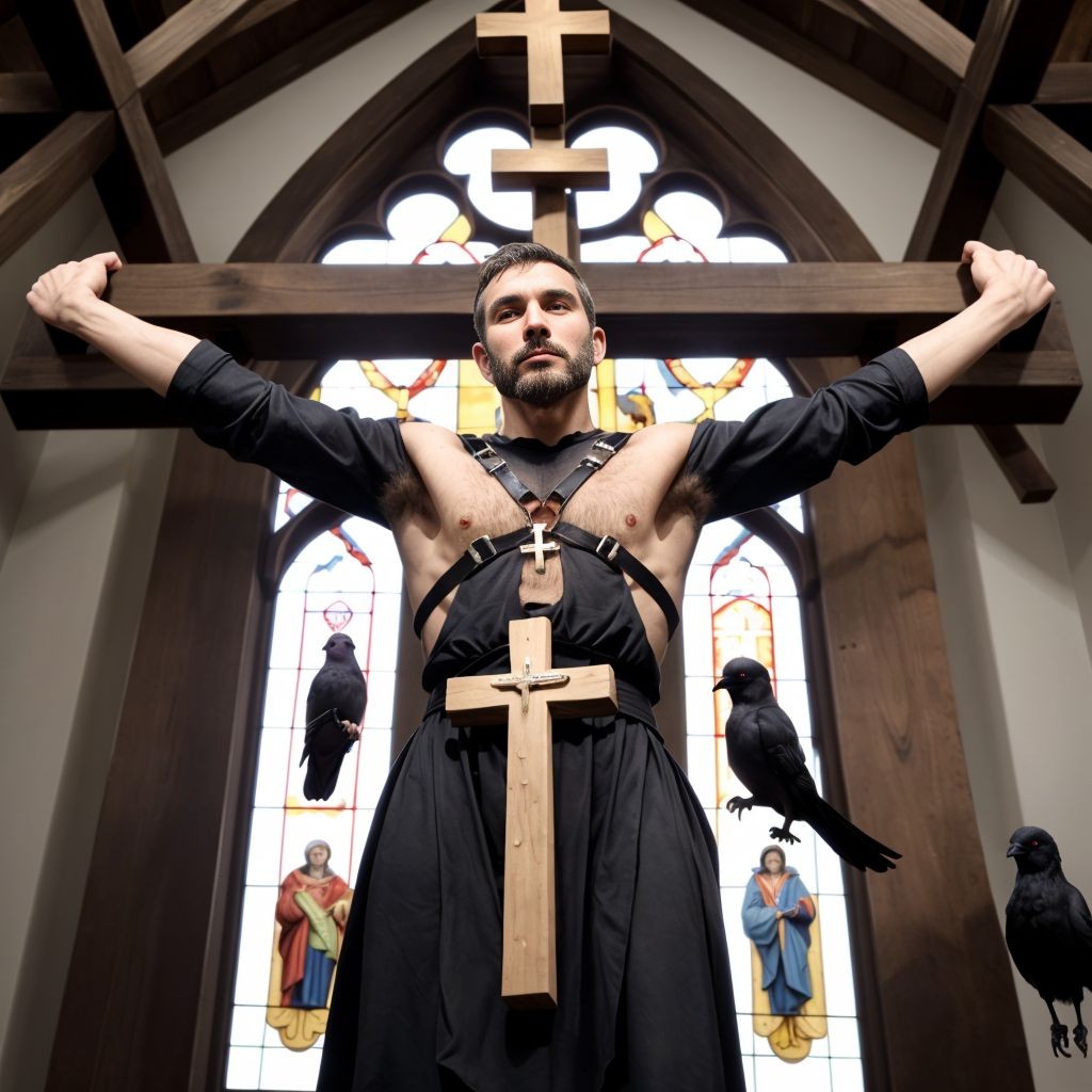 Hombre con arnés, atado a una cruz de madera gigante en una iglesia, hay cuervos y palomas.