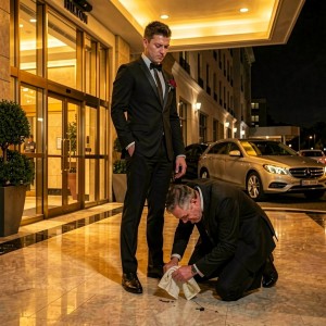 Two men dressed in black tuxedos appear at the illuminated entrance of a luxury hotel at night, beside glass doors and a shiny marble floor reflecting the warm lights of the lobby. The standing man, wearing a bow tie and a red flower on his lapel, maintains a serious and dominant posture with one hand in his pocket while looking downward. In front of him, another man, also suited, is kneeling on one knee, leaning toward the floor, cleaning with a white cloth a small stain or dark residue on the tiles. In the background, ornamental planters, the building façade, and a parked silver car can be seen, creating an elegant, nocturnal, and tense scene with the atmosphere of a hotel, a formal gala, and a possible discreet incident.