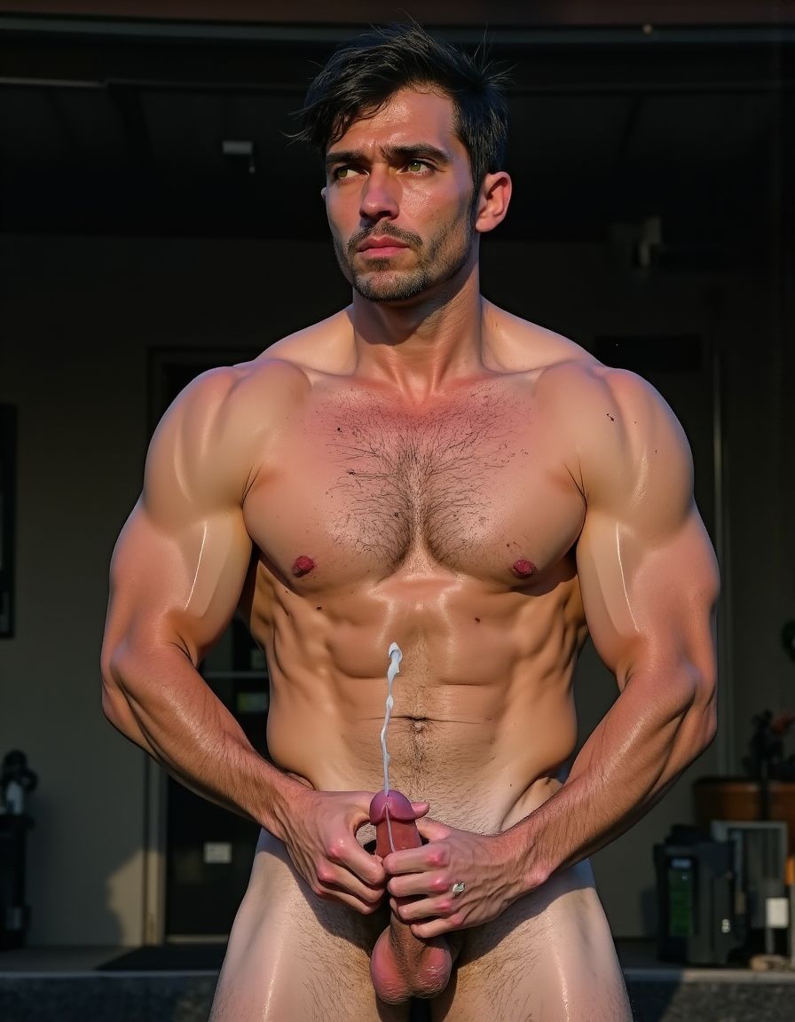 hoyuelo en barbilla, mentón hendido, el mentón está limpio y bien afeitado, NO BARBA y NO BIGOTE, de una cara masculina de un hombre muy viril y musculoso y guapo y sexi de 40 años que tiene mandíbula fuerte y cuadrada, destacando una fisura vertical marcada en el centro del mentón que es el hoyuelo. La cara es de un hombre español musculoso culturista, torso desnudo, constitución corporal extremadamente desarrollada escultural, boca cerrada en sonrisa torcida arrogante burlona, labios carnosos, ojos verdes claro profundos con mirada penetrante directa a cámara cargada de cinismo y dominancia, cejas pobladas densas, cabello denso despeinado hacia atrás en copete desordenado con mechones rebeldes cayendo sobre frente y sienes mostrando textura natural sin producto, cuello musculoso con nuez prominente visible, trapecios enormes elevados como montañas a ambos lados del cuello, pecho descomunal con pectorales gigantescos separados con hendidura profunda central cada fibra muscular visible bajo piel bronceada cubiertos completamente por alfombra densa de vello negro formando manto tupido salvaje sobre toda la superficie con pezones oscuros erectos asomando entre pelaje espeso, abdomen perfectamente esculpido en tableta de ocho secciones profundas con sombras dramáticas entre cada músculo, oblicuos cortados laterales, línea de vello negro denso descendiendo desde centro del pecho entre pectorales por esternón sobre cada abdominal hasta ombligo donde se ensancha formando trail oscuro salvaje continuando descendiendo, brazos con bíceps de gran tamaño con cabezas musculares divididas y venas gruesas azules serpenteando por toda superficie, tríceps marcados en herradura, deltoides esféricos estriados, antebrazos masivos cubiertos de vello negro denso con venas prominentes bajando hasta muñecas, dorsales anchos como alas creando V invertida brutal, piel clara ligeramente bronceada con poros visibles micro imperfecciones naturales lunares y marcas sutiles, vello corporal negro abundante cubriendo completamente pecho abdomen brazos antebrazos cuello en densidad natural masculina sin recortar, iluminación natural lateral dramática creando sombras duras acentuando cada músculo, fondo neutro desenfocado, estilo fotografía editorial cruda realista, grano fotográfico sutil, colores naturales intensos saturados. Está totalmente desnudo. Tiene un  pene erecto enorme de 35 centímetros de largo y muy grueso apuntando hacia arriba entre su cuerpo, venas gruesas pulsantes marcadas recorriendo todo el tronco de su pene, glande hinchado enorme brillante de color rojo púrpura, testículos extremadamente grandes gordos y pesados colgando muy abajo descolgados entre las piernas con piel arrugada tensa bajo el peso, el pene eyaculando activamente múltiples chorros gruesos abundantes de semen blanco espeso disparándose de la punta con fuerza, semen resbalando copiosamente por el glande y tronco formando hilos blancos espesos, gotas gruesas de semen cayendo entre su cuerpo. Tiene anillo de plata en el dedo hallux (primer dedo del pie) de sus pies. Crea imagen del personaje descrito de cuerpo entero desde los dedos de sus pies hasta su cabeza, todo el cuerpo desnudo a la vista de la cámara. Tiene sandalias en sus pies. Fotografía hiperrealista de ultra alta definición 8K plano lateral del cuerpo completo.