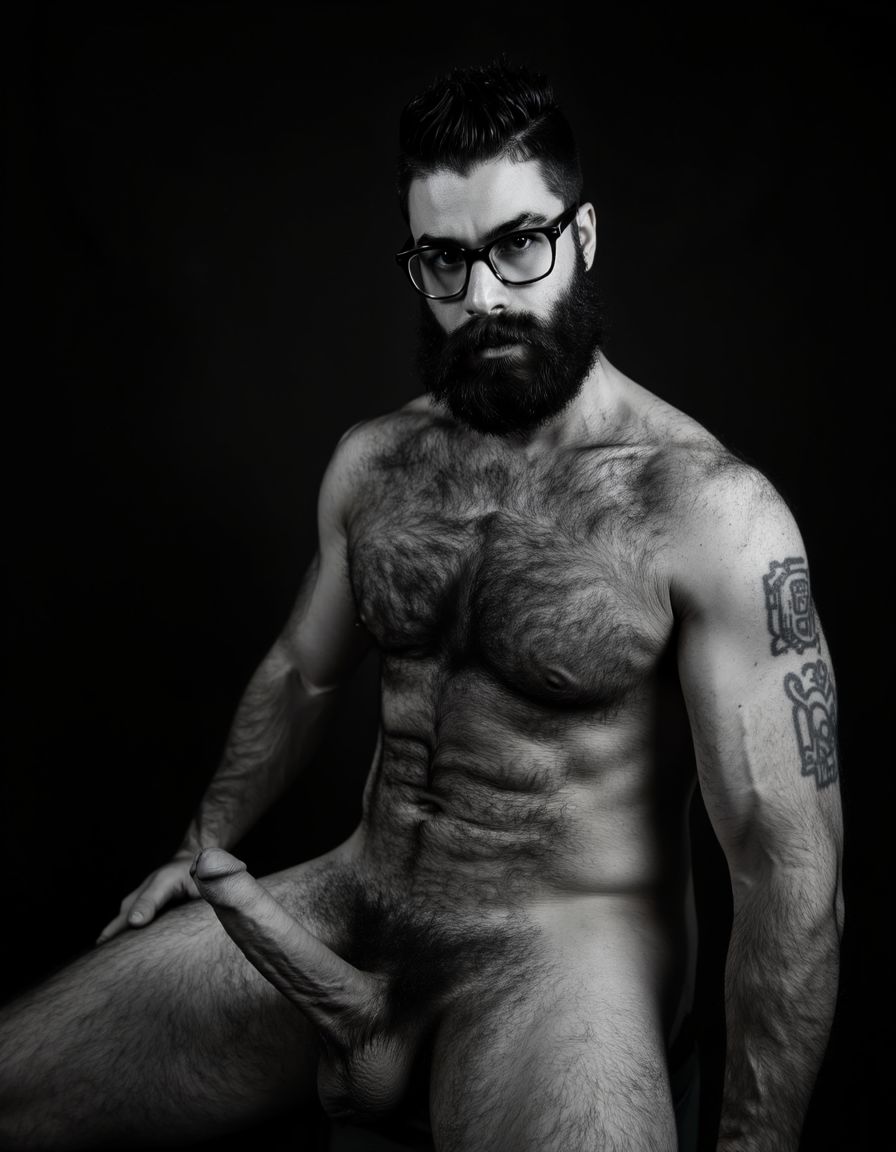 Fotografía hiperrealista en blanco y negro de un hombre adulto musculoso a la vista desde los pies hasta la cabeza, tiene cuerpo muy delgado con músculos marcados y definidos, rostro masculino, está totalmente desnudo con polla erecta de treinta centímetros de longitud y ocho centímetros de diámetro, tiene rasgos marcados duros expresivos, barba densa poblada tupida oscura estilo hipster cubriendo completamente mandíbula mentón mejillas con grosor uniforme textura abundante muy definida, bigote denso tupido oscuro conectado perfectamente con la barba completa cubriendo completamente el labio superior, pelo oscuro medio peinado completamente recto hacia arriba con volumen considerable estilo hipster moderno quiff puntas verticales texturizadas hacia el cielo con altura prominente, cejas gruesas oscuras pobladas muy marcadas definidas, gafas de montura completa negra cuadradas grandes estilo hipster moderno sobre el puente de la nariz enmarcando unos ojos oscuros intensos que miran directamente a cámara con expresión seria penetrante confiada, expresión facial seria masculina sin sonrisa con mirada directa desafiante, pómulos marcados definidos angulares, nariz recta proporcionada, labios medios apenas visibles completamente cubiertos por bigote denso que conecta con la barba hipster completa, torso desnudo muy musculoso con pectorales enormes desarrollados y definidos, hombros anchos musculosos deltoide prominentes, brazos musculosos marcados y bien definidos con bíceps y tríceps marcados visibles a ambos lados del cuerpo, abdomen tonificado marcado visible con cintura delgada marcada, piel con textura realista detallada poros imperfecciones sutiles, vello corporal denso oscuro abundante cubriendo pectorales abdomen brazos hombros con textura natural masculina muy visible. Tiene un  tatuaje en tinta negra en el bíceps del brazo derecho en tipografía negra sans-serif de tamaño mediano y proporcionado de forma clara y legible sobre la piel del bíceps del brazo derecho con las siguientes letras: hipsterbarba. Iluminación dramática lateral direccional que crea contraste alto marcado entre luces brillantes y sombras profundas resaltando la estructura facial angular la barba hipster densa las gafas cuadradas grandes el vello corporal abundante la musculatura del torso los brazos.  Tiene un  tatuaje en tinta negra en el bíceps del brazo derecho en tipografía negra sans-serif de tamaño mediano y proporcionado de forma clara y legible sobre la piel del bíceps del brazo derecho con las siguientes letras: hipsterbarba. Fondo completamente oscuro negro liso uniforme desenfocado sin distracciones, fotografía analógica en color de alto contraste con grano fotográfico sutil visible estilo retrato hipster masculino fitness, enfoque nítido absoluto perfecto en el rostro especialmente en los ojos detrás de las gafas la barba hipster densa el bigote tupido el pelo vertical el vello corporal el torso con músculos muy marcados y muy definidos. Tiene un  tatuaje en tinta negra en el bíceps del brazo derecho en tipografía negra sans-serif de tamaño mediano y proporcionado de forma clara y legible sobre la piel del bíceps del brazo derecho con las siguientes letras: hipsterbarba. Imagen con encuadre vertical desde los pies hasta la cabeza mostrando los pies desnudos las piernas peludas el pene erecto los testículos colgando con su escroto bajo todo el torso peludo los brazos musculosos peludos y la cabeza con pelo oscuro medio peinado completamente recto hacia arriba con volumen considerable estilo hipster moderno quiff puntas verticales texturizadas hacia el cielo con altura prominente, calidad fotográfica hiperrealista 8K máxima definición detalle extremo, renderizado cinematográfico fotorrealista profesional. Tiene un  tatuaje de tinta negra en el bíceps del brazo derecho en tipografía negra sans-serif de tamaño mediano de forma clara y legible sobre la piel del bíceps del brazo derecho con las siguientes letras: hipsterbarba