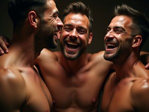 A group of muscular men, their bare chests glistening with sweat, exuding a raw and rugged appeal. Their faces are artistically adorned with evocative remnants, enhancing their expressions of ecstasy and fulfillment. The setting is intimate, with soft, atmospheric lighting casting enticing shadows, highlighting their strong jawlines and captivating gazes. The scene embodies a sense of connection and shared passion, celebrating their uninhibited expressions of pleasure.