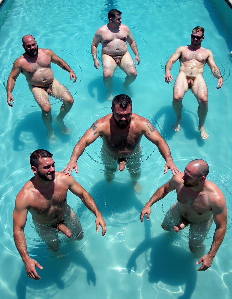 Wide shot of multiple massive shredded muscular bearded military men swimming backstroke breaststroke in pool completely naked showing erect cocks and balls floating on water surface, lead soldier with thick black beard sharp military high and tight flat top haircut short on sides very short hair on top brushed straight up flat getting wet, all swimming on backs face up with insanely muscular physiques visible, massive hairy pectorals cobblestone abs thick muscular arms and legs doing breaststroke motion, large fully erect thick veiny cocks standing up out of water and huge heavy hairy balls floating on water surface clearly visible, all soldiers swimming synchronized backstroke with happy relaxed expressions, group of five to six naked ultra-muscular bearded soldiers spread across bright blue pool water all face up showing erections, arms pulling through water in breaststroke motion legs kicking, ripples and gentle waves on pool surface, outdoor swimming pool, bright sunny daylight, photorealistic extreme detail of naked massively muscular soldiers swimming backstroke with erect cocks and floating balls visible above water