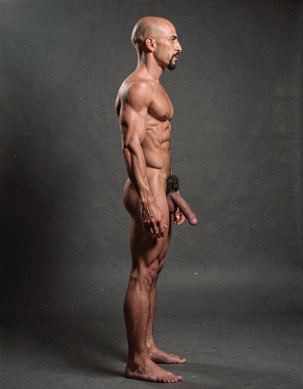 Mike Morris, a 32-year-old extremely lean Caucasian male with only 8% body fat, stands completely naked in a rigid military attention pose captured in a full-body exact side profile at 90 degrees from his right side. The shot runs uninterrupted from the tips of his size 44 slightly hairy feet all the way up to the top of his bald head, showing his entire body without any cropping whatsoever. His physique is dry, highly vascular and powerfully defined: massive square pectorals seen in perfect side silhouette, dense dark brown chest hair forming a thick T-pattern that continues across his shoulders and back, sharply carved six-pack abs in clear profile, narrow waist, wide flaring lats, powerful thighs and diamond-shaped calves covered in the same dark hair. Dramatic directional studio lighting falls from high and slightly in front of him, creating strong rim lighting that traces every sharp edge of his muscular outline, accentuating the texture of his dense dark body hair on chest, shoulders, lower back, ass and legs, while producing deep shadows that highlight every muscle separation, vein and the extreme dryness of his 8% body fat. His advanced Norwood III-IV bald scalp is clearly visible under the light, with very short dense dark brown hair only on the sides and back of his head. His square, angular face is shown in pure right profile: strong jawline, prominent chin with slight central dimple, thick well-groomed dark handlebar mustache, heavy brow and intense deep-set brown eye staring straight forward with a serious, commanding expression. His penis is fully and clearly visible in perfect side view, completely natural and anatomically correct: thick, 24 cm long when fully erect, with a natural slight upward curve, prominent dorsal veins running along the shaft, long foreskin that partially covers the pink-red glans, and noticeably lighter skin tone than the rest of his bronzed body. Below it hang his large, low-hanging testicles with wrinkled darker skin and an extremely dense, curly dark brown pubic bush that climbs almost to his navel and surrounds the base of his cock and balls generously. Every detail from his veined hands and forearms to his muscular ass, hamstrings, diamond calves and hairy toes is perfectly proportioned and free of any deformation. Photorealistic, high-contrast, masculine 1970s Colt Studio aesthetic with subtle grainy film texture.