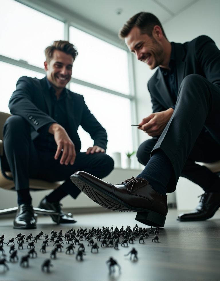 Two men in dark suits crouch smiling in a bright, modern office beside large windows, while observing a crowd of small black figures spread across the floor like a miniature army. One of them, wearing shiny dress shoes and dark socks, moves his foot very close to the little figures, creating a sense of exaggerated scale and strategic play; the other holds a small object in his hand while laughing. The scene combines a corporate atmosphere, humor, and a visual metaphor of power, leadership, business strategy, and decision-making, with the minimalist furniture and natural light reinforcing the professional and contemporary tone.