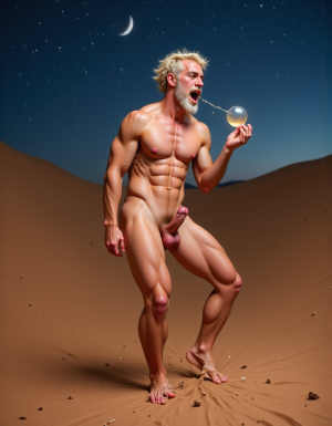 Enrique es un hombre muy delgado de 50 años, tiene cabello largo con canas blancas, tiene barba blanca abundante y larga. Está totalmente desnudo, en su mano derecha lleva una bola de 10 cm de diámetro de cristal mágica y está iluminada de donde sale un pene erecto y sus dos testículos y se lo acerca a boca para comerse el pene erecto, tiene la mano izquierda elevada hacia cielo señalando a la Luna. Enrique tiene un cuerpo muy delgado con músculos marcados y definidos. 💪🏼. Tiene un pene erecto de 36,8 cm de longitud y 7,9 cm de diámetro. Tiene mucho vello corporal blanco en su pecho, tiene mucho vello en sus brazos y tiene mucho vello en sus piernas. Está en la arena del desierto entre grandes dunas de arena color terracota. Tiene la piel morena bronceada por el Sol. Tiene sandalias en sus pies. Está mirando a la Luna mientras levanta la palma de la mano derecha señalando la Luna 🌓 . Tiene la boca entreabierta. Tiene la mano derecha sobre su pene y está masturbándose