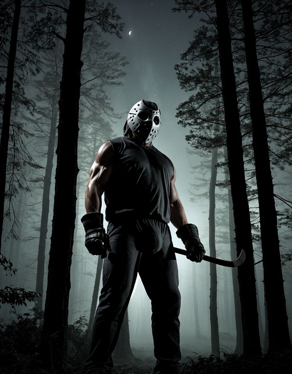 A tall, imposing figure resembling Jason Vorhees, standing confidently in a dense, moonlit forest. His iconic hockey mask sits over his rugged face, while his ripped body is mostly unclothed, revealing a substantial bulge in his pants. Muscles glisten under the subtle glow of the moonlight, highlighting his powerful physique. The surrounding trees loom ominously, creating an evocative atmosphere filled with tension and intrigue.