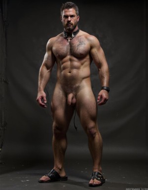 Austin Wolf, 40 años, 1.88m de altura, musculoso, cuerpo extremadamente marcado y definido, pectorales grandes y cuadrados, abdominales six-pack profundos, brazos gruesos y venosos, hombros anchos, trapecios marcados, piel blanca bronceada, pelo negro corto con rapado a los lados estilo fade, barba negra densa perfectamente recortada cubriendo mandíbula cuadrada, ojos marrones oscuros con mirada penetrante desafiante, rasgos faciales masculinos y angulosos, nariz recta, cejas gruesas, vello corporal negro medio en pecho bajando por abdomen, tatuajes en brazos y torso, manos atadas detrás de la espalda con cuerdas gruesas negras, collar de cuero negro con argolla de metal plateado al cuello, torso desnudo brillante de sudor con marcas de latigazos cruzando la espalda y hombros, expresión de sumisión forzada pero con actitud alfa contenida, mandíbula apretada, músculos tensos y flexionados, piernas musculosas muslos mostrando pene grande pronunciado, tiene pene de 20 cm de longitud y 8 cm de diámetro. Tiene sandalias negras en los pies. Iluminación dramática cenital tipo mazmorra BDSM, cadenas y ganchos colgando del techo de fondo, ambiente oscuro con tonos grises y negros, fotografía hiperrealista 8K. Tiene zapatos de tacón alto de color negro en los pies. Sus pies están a la vista. Está muy contento de su cuerpo perfecto y levanta y flexiona los brazos para enseñar sus músculos bíceps. Está muy contento de tener el cuerpo perfecto que gusta a todos. Enseña sus pies. Salta de alegría enseñando su pene de 18 cm de longitud con una sonrisa de alegría por tener un cuerpo perfecto. Manos arriba brazos hacia arriba flexionados enseñando músculos bíceps muy marcados. Mano derecha masturbando pene. Fondo de muchos hombres peludos musculosos desnudos, orgia con mamadas penetraciones anales y desenfreno sexual. Tiene sandalias en sus pies están a la vista.