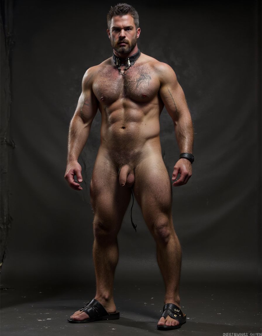 Austin Wolf, 40 años, 1.88m de altura, musculoso, cuerpo extremadamente marcado y definido, pectorales grandes y cuadrados, abdominales six-pack profundos, brazos gruesos y venosos, hombros anchos, trapecios marcados, piel blanca bronceada, pelo negro corto con rapado a los lados estilo fade, barba negra densa perfectamente recortada cubriendo mandíbula cuadrada, ojos marrones oscuros con mirada penetrante desafiante, rasgos faciales masculinos y angulosos, nariz recta, cejas gruesas, vello corporal negro medio en pecho bajando por abdomen, tatuajes en brazos y torso, manos atadas detrás de la espalda con cuerdas gruesas negras, collar de cuero negro con argolla de metal plateado al cuello, torso desnudo brillante de sudor con marcas de latigazos cruzando la espalda y hombros, expresión de sumisión forzada pero con actitud alfa contenida, mandíbula apretada, músculos tensos y flexionados, piernas musculosas muslos mostrando pene grande pronunciado, tiene pene de 20 cm de longitud y 8 cm de diámetro. Tiene sandalias negras en los pies. Iluminación dramática cenital tipo mazmorra BDSM, cadenas y ganchos colgando del techo de fondo, ambiente oscuro con tonos grises y negros, fotografía hiperrealista 8K. Tiene zapatos de tacón alto de color negro en los pies. Sus pies están a la vista. Está muy contento de su cuerpo perfecto y levanta y flexiona los brazos para enseñar sus músculos bíceps. Está muy contento de tener el cuerpo perfecto que gusta a todos. Enseña sus pies. Salta de alegría enseñando su pene de 18 cm de longitud con una sonrisa de alegría por tener un cuerpo perfecto. Manos arriba brazos hacia arriba flexionados enseñando músculos bíceps muy marcados. Mano derecha masturbando pene. Fondo de muchos hombres peludos musculosos desnudos, orgia con mamadas penetraciones anales y desenfreno sexual. Tiene sandalias en sus pies están a la vista.
