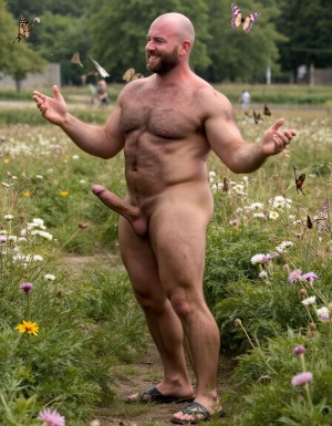 hombre culturista de 35 años posando desnudo de cuerpo completo, sonriente, tensa los bíceps, tiene un pene de 40 cm de longitud y 7 cm de diámetro. Está delgado y tiene dorsales muy desarrollados, piernas con músculos marcados y definidos, tiene cintura estrecha, es un poco calvo, tiene grandes pezones rosas. Tiene un pene de 40 cm de longitud y 7 cm de diámetro. Tiene mucho vello en pecho y brazos y piernas. Tiene testículos de 10 cm de diámetro que están colgando y se mueven al compás de los movimientos del cuerpo. Fondo de muchas margaritas de todos los colores y miles de mariposas volando. Tiene el cuerpo bronceado por el Sol. Tiene el ano relajado y abierto y a la vista del espectador. Por su pene erecto. Con su mano derecha rodea su pene por su perímetro acariciando el pene con suavidad. Tiene un gran pene erecto. Tiene piercings de pezón en los pezones.  (respeta la forma y la proporción del cuerpo y sé fiel a la forma real del cuerpos sin distorsiones) (+10) Tiene sandalias en sus pies.
