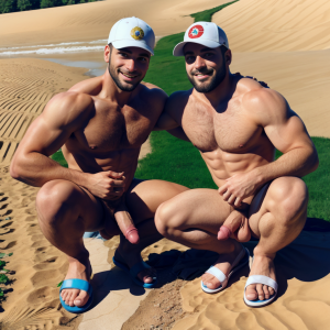 Dos hombres machos musculosos desnudos delgados muy viriles con pene grande y testículos grandes y peludos ⛓️ 🌞 🏞️. Están de pie uno está detrás del otro, 🥀 🌹 🌼 🌞 Tienen sandalias verdes en sus pies. Tienen gorras blancas en sus cabezas. Enseñan sus penes erectos tiesos hacia el frente para estar felices. 🎖️🏅 📝 😇😇. Están agachados