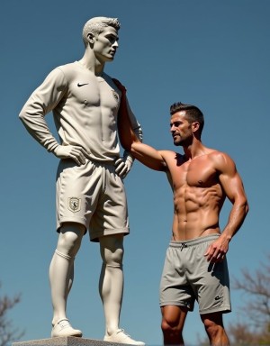 una estatua de cemento de cristiano ronaldo, a su lado un hombre real musculoso sin camiseta muy parecido a david beckham la toca con deseo