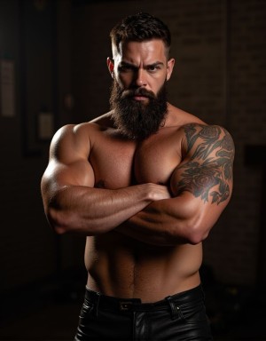 Un hombre masculino dominante de 35 años, musculoso, brazos tatuados, barba espesa, mirada intensa y penetrante, torso desnudo, pectorales marcados, abdominales definidos, pantalones de cuero negro, pose dominante con brazos cruzados, fondo oscuro industrial, iluminación dramática, estilo fotográfico realista, alta calidad, masculinidad cruda, presencia imponente.
