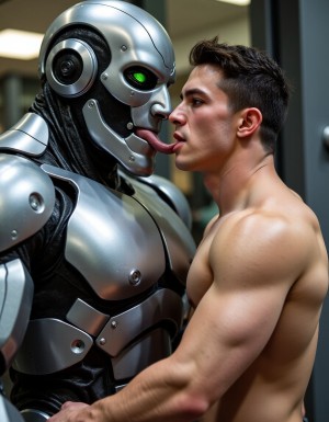 Un joven twink de cuerpo marcado con 24 años, de mirada inteligente, latino qué es doblegado por un musculoso robot con rostro cyborg de ojos verdes, cuerpo atlético, más grande, y con la lengua afuera lamiendole el cuello al joven